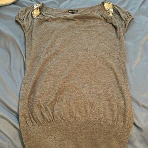 Express charcoal gray with gold sequin shoulders short sleeve sweater size small